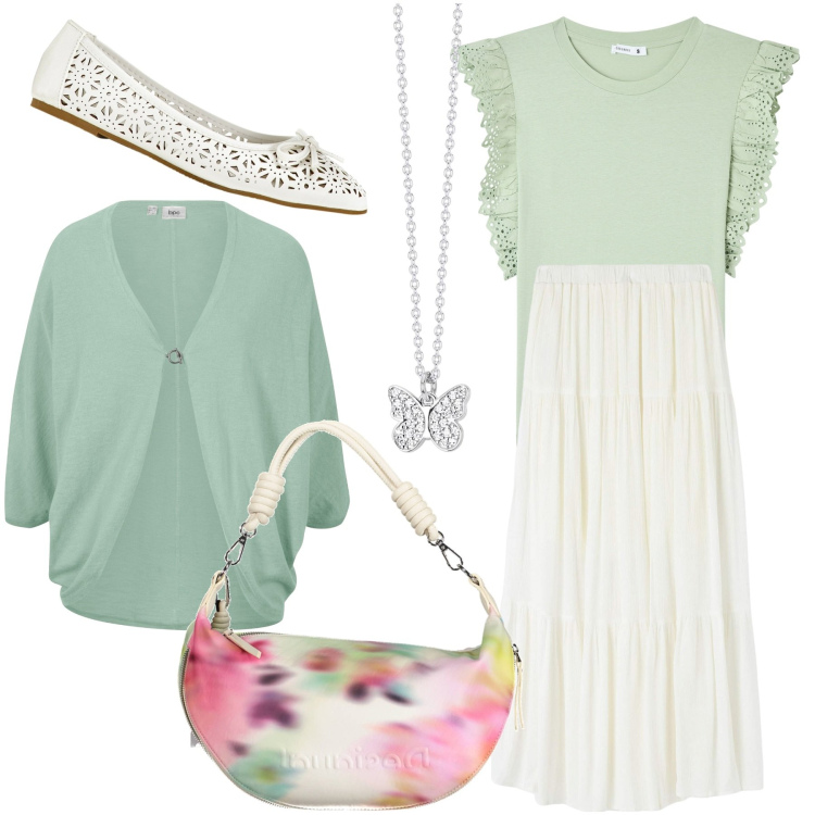 Outfit donna - Pastello. Stile Romantica per Tutti i giorni. Abbinamento con cardigans, ballerine, t-shirt, gonne lunghe, collane, borse a spalla.
