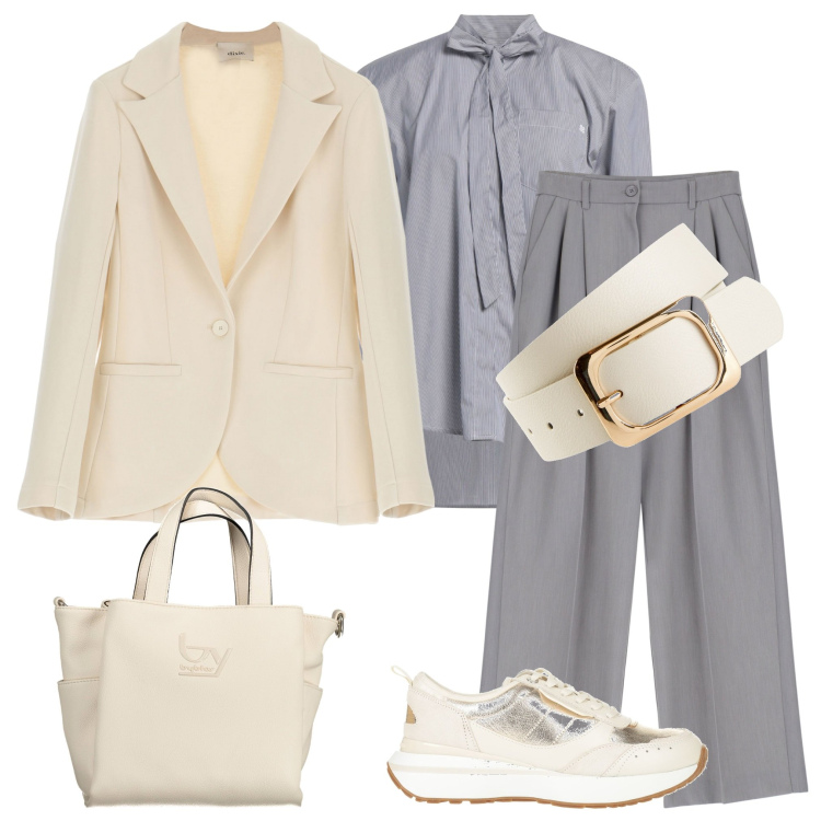 Outfit donna - Aperitivo. Stile Casual per Serata fuori. Abbinamento con cinture, sneakers, camicie, pantaloni, blazer, borse a spalla.