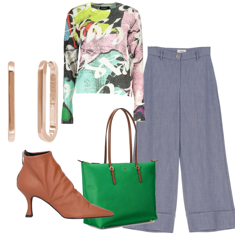 Outfit donna - Pavone. Stile Bon Ton per Tutti i giorni. Abbinamento con stivaletti, orecchini, pantaloni a palazzo, borse tote, maglieria.