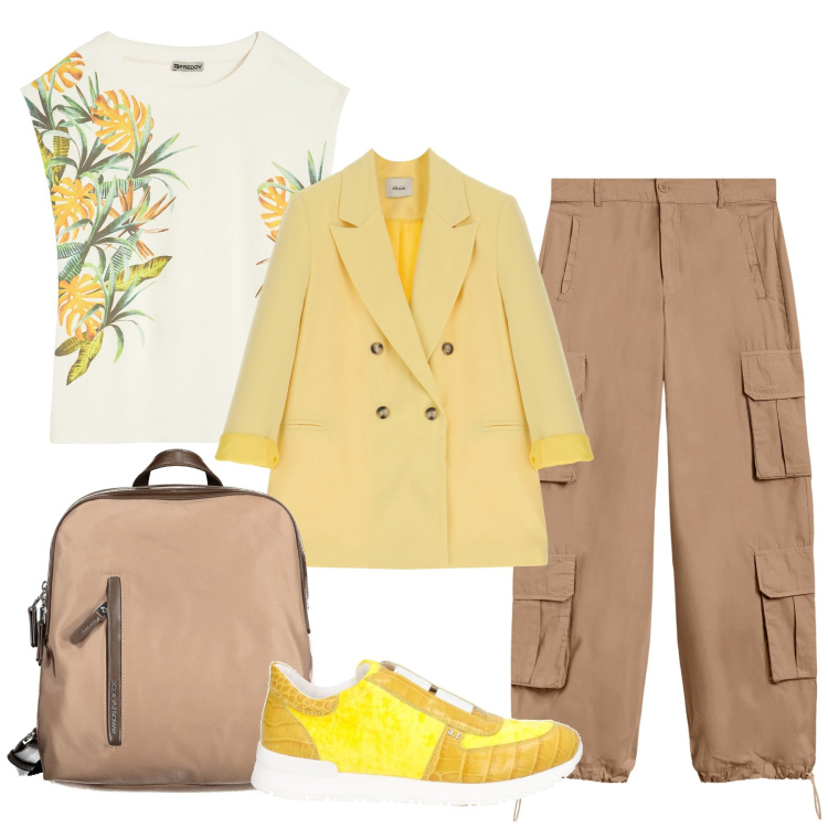 Outfit donna - Solarità. Stile Urban per Tutti i giorni. Abbinamento con sneakers, blazer, pantaloni cargo, t-shirt, zaini.