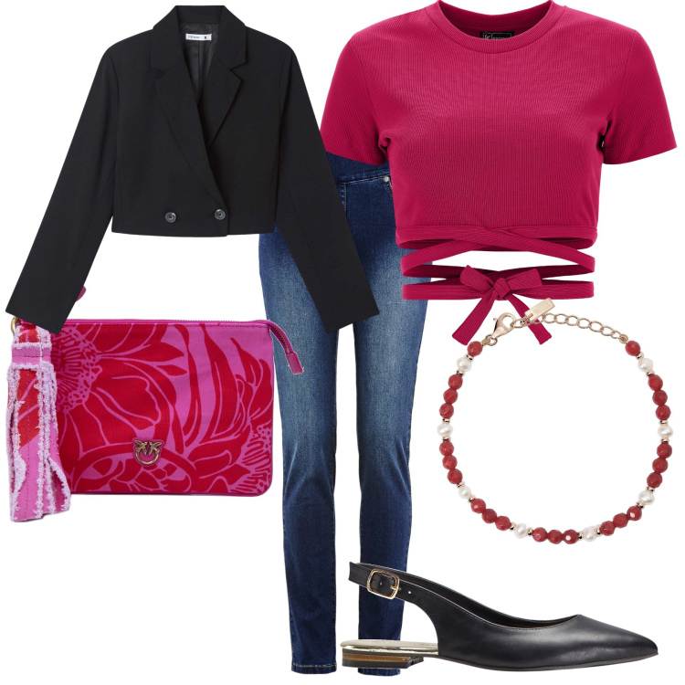 Outfit donna - Spring time. Stile Casual per Tutti i giorni. Abbinamento con ballerine, jeans slim fit, blazer, braccialetti, top, pochette.