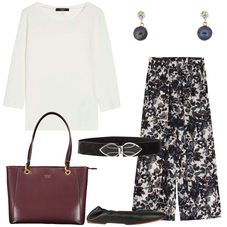Outfit donna - Il pantalone fantasia. Stile Casual chic per Tutti i giorni. Abbinamento con cinture, ballerine, orecchini, pantaloni, maglieria, borse a spalla.