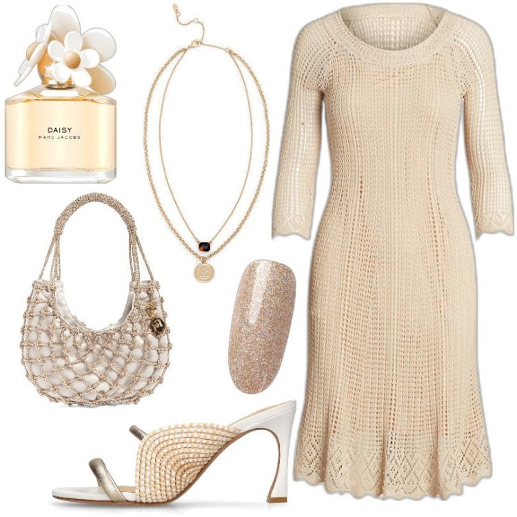Outfit donna - Profumi fioriti in primavera. Stile Chic per Tutti i giorni. Abbinamento con profumi, smalti, vestiti, collane, borse a mano, sandali in pelle.
