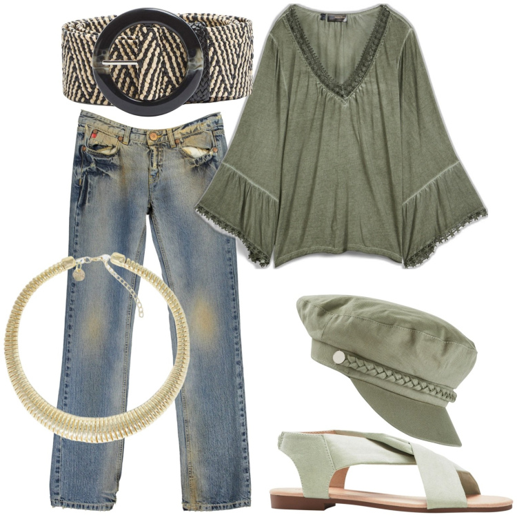 Outfit donna - Sportiva. Stile Casual per Tutti i giorni. Abbinamento con cappelli, sandali, maglieria, cinture, collane, gonne lunghe.