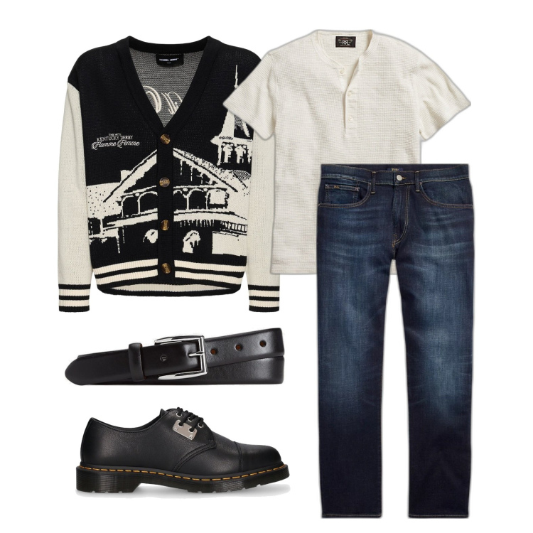 Outfit uomo - Ghost outfitter - marzo. Stile Trendy per Tutti i giorni. Abbinamento con t-shirt, jeans dritti, cinture, cardigans, scarpe stringate.