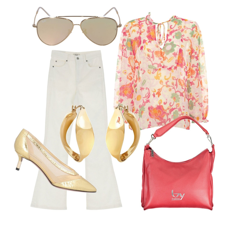 Outfit donna - Ghost outfitter - marzo. Stile Casual chic per Tutti i giorni. Abbinamento con décolleté, orecchini, pantaloni, borse a spalla, bluse, occhiali da sole.