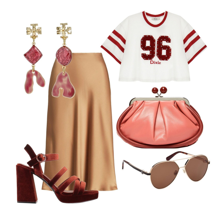 Outfit donna - Ghost outfitter - marzo. Stile Urban per Tutti i giorni. Abbinamento con sandali col tacco, t-shirt, gonne, clutch, orecchini, occhiali da sole.