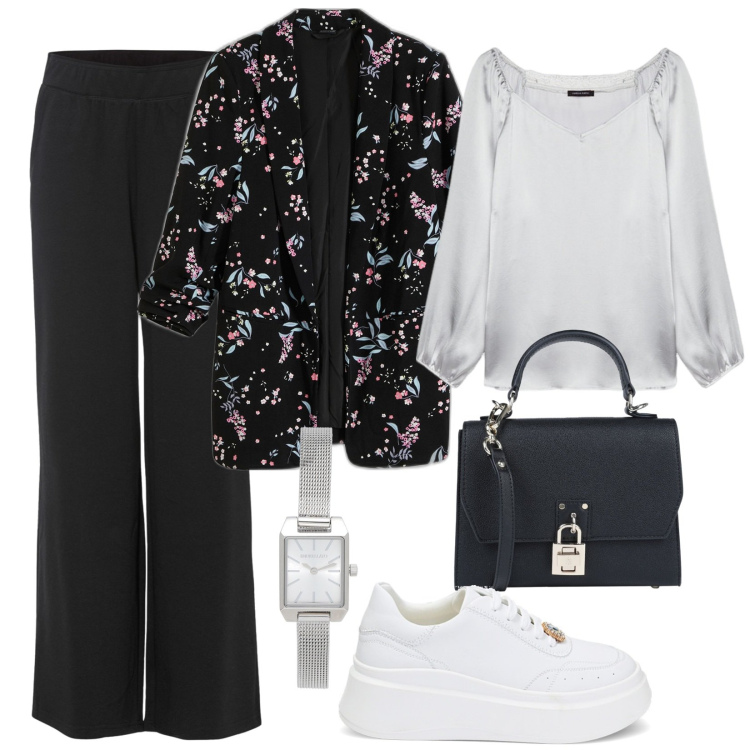 Outfit donna - La blusa grigio perla. Stile Casual chic per Ufficio. Abbinamento con blazer, pantaloni a palazzo, borse a mano, orologi, sneakers, bluse.