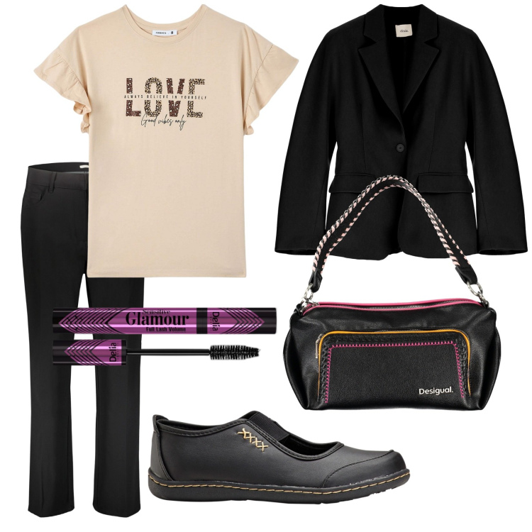 Outfit donna - Total look #1841887. Stile Casual per Tutti i giorni. Abbinamento con ballerine, mascara, t-shirt, giacche, pantaloni, borse a spalla.