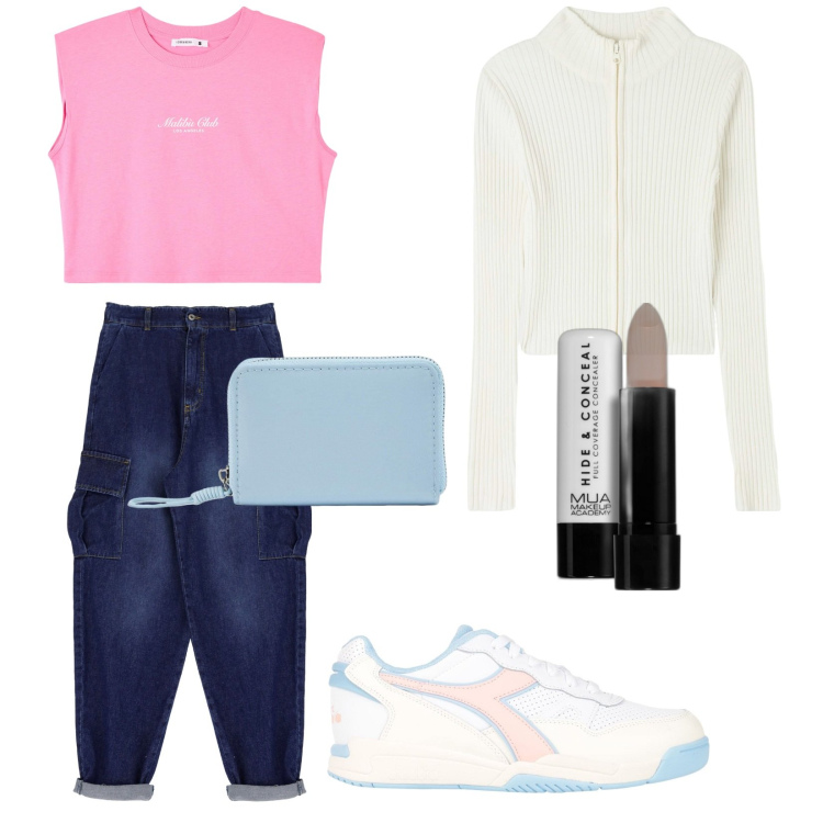 Outfit donna - Teen. Stile Urban per Tutti i giorni. Abbinamento con sneakers, correttori, t-shirt, portafogli, cardigans, jeans.