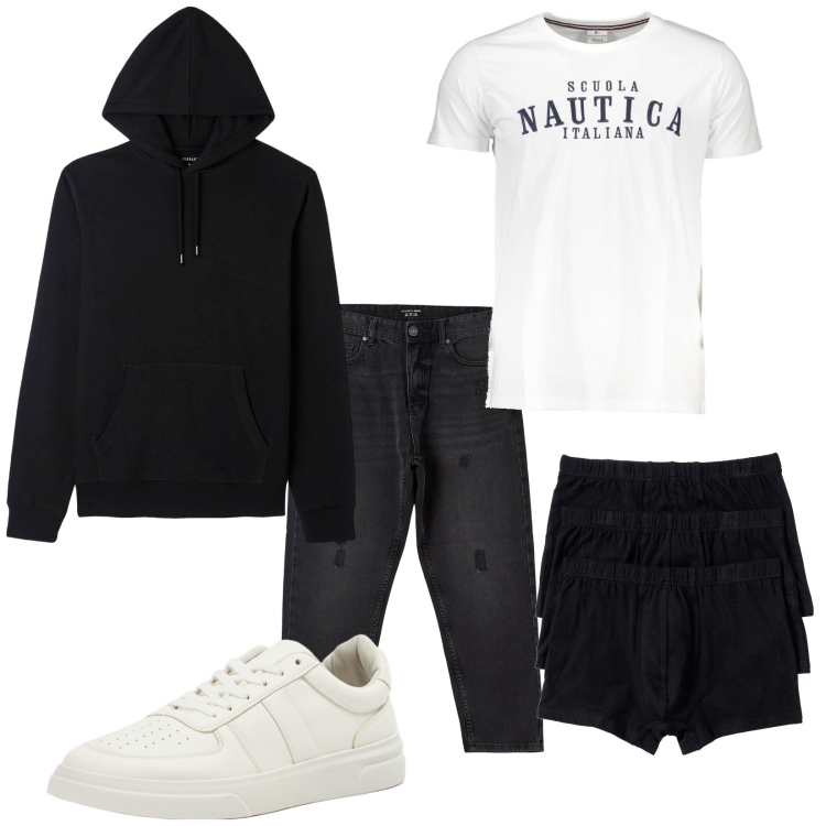 Outfit uomo - Total look #1841891. Stile Casual per Tutti i giorni. Abbinamento con boxer, sneakers, felpe con cappuccio, jeans strappati, t-shirt.