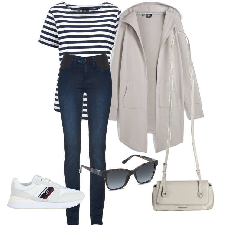 Outfit donna - Sabato pomeriggio. Stile Casual per Tutti i giorni. Abbinamento con blazer, t-shirt, jeans, sneakers, borse a tracolla, occhiali da sole.