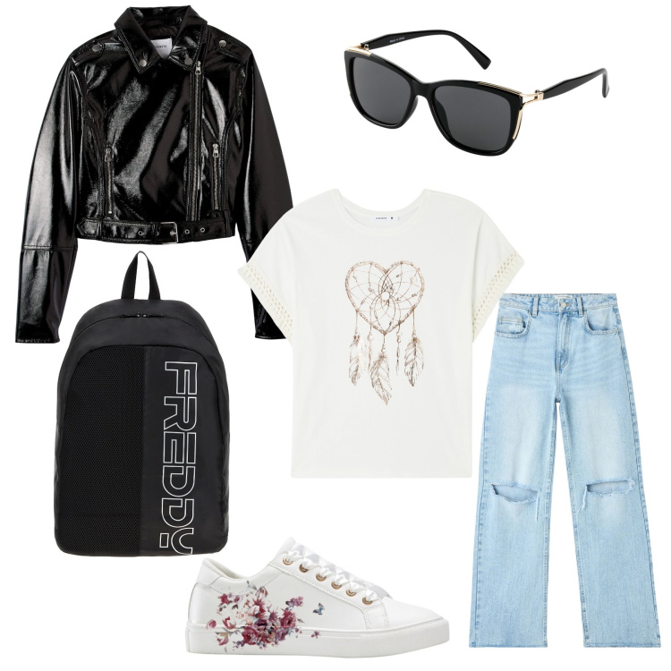 Outfit donna - Jeans e chiodo. Stile Casual per Tutti i giorni. Abbinamento con sneakers, occhiali da sole, jeans strappati, t-shirt, giacche, zaini.