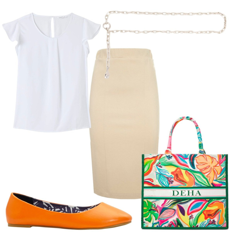 Outfit donna - Un tocco di allegria. Stile Bon Ton per Tutti i giorni. Abbinamento con ballerine, bluse, collane, shopping bag, gonne.