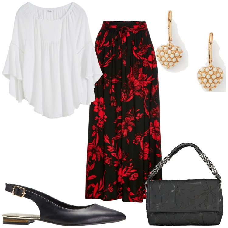 Outfit donna - Total look #1841916. Stile Bon Ton per Tutti i giorni. Abbinamento con gonne lunghe, ballerine, bluse, orecchini, borse a spalla.