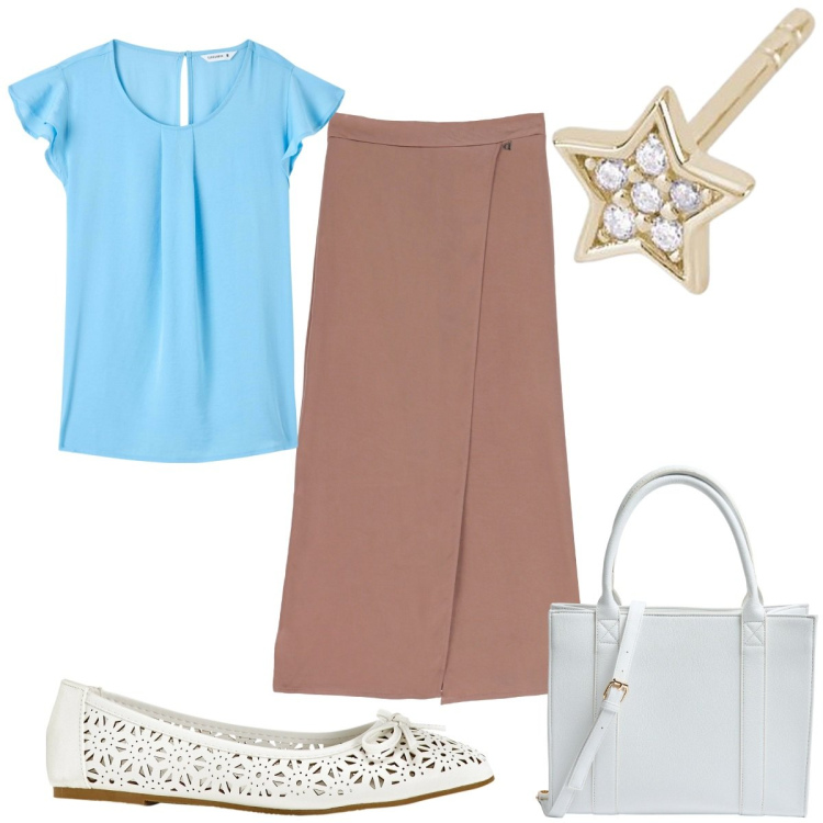 Outfit donna - Total look #1841921. Stile Bon Ton per Tutti i giorni. Abbinamento con ballerine, bluse, shopping bag, orecchini, gonne lunghe.