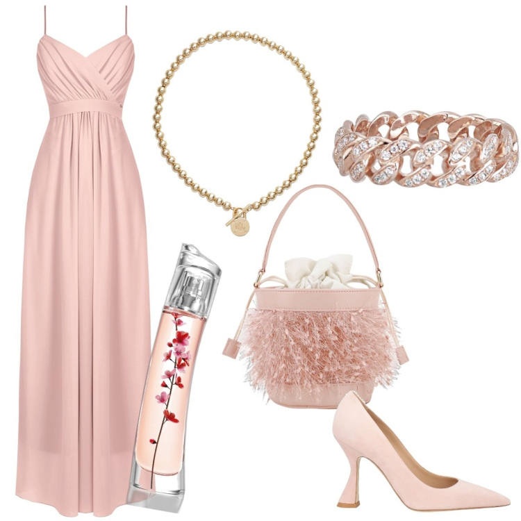 Outfit donna - Damigella della sposa. Stile Romantica per Cerimonia. Abbinamento con décolleté, profumi, anelli, vestiti lunghi, borse a secchiello, collane.