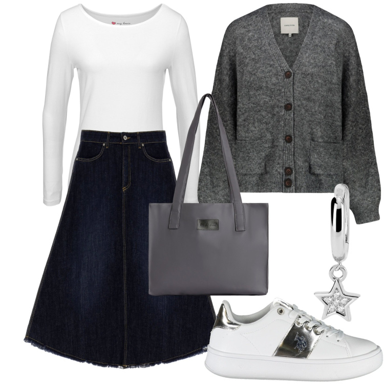 Outfit donna - Gonna di jeans e cardigan. Stile Basic per Tutti i giorni. Abbinamento con t-shirt sportive, orecchini, shopping bag, gonne longuette, cardigans, scarpe sportive.