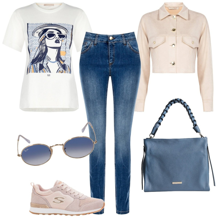 Outfit donna - Dinamica e sexy. Stile Urban per Tutti i giorni. Abbinamento con sneakers, borse a mano, t-shirt, jeans skinny, blazer, occhiali da sole.