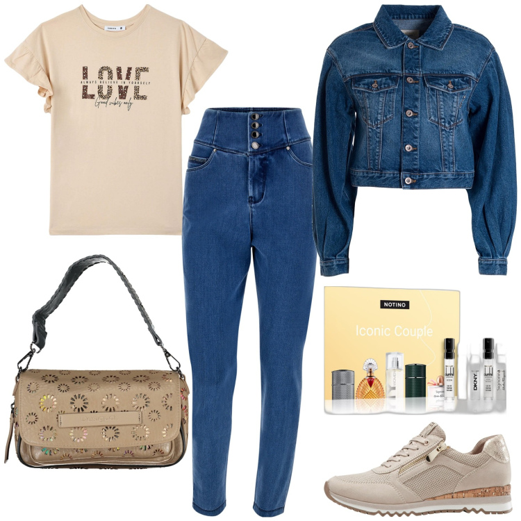 Outfit donna - Fragranze. Stile Casual per Tutti i giorni. Abbinamento con sneakers, profumi, t-shirt, giacche, jeans skinny, borse a spalla.