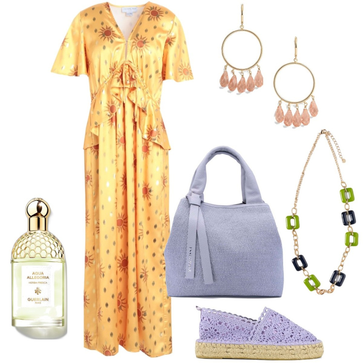 Outfit donna - Il vestito giallo sole. Stile Boho per Mare. Abbinamento con vestiti midi/longuette, profumi, orecchini, borse a mano, espadrillas, ciondoli.