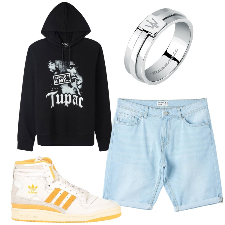 Outfit uomo - Total look #1841968. Stile Urban per Tutti i giorni. Abbinamento con sneakers alte, anelli, bermuda, felpe con cappuccio.