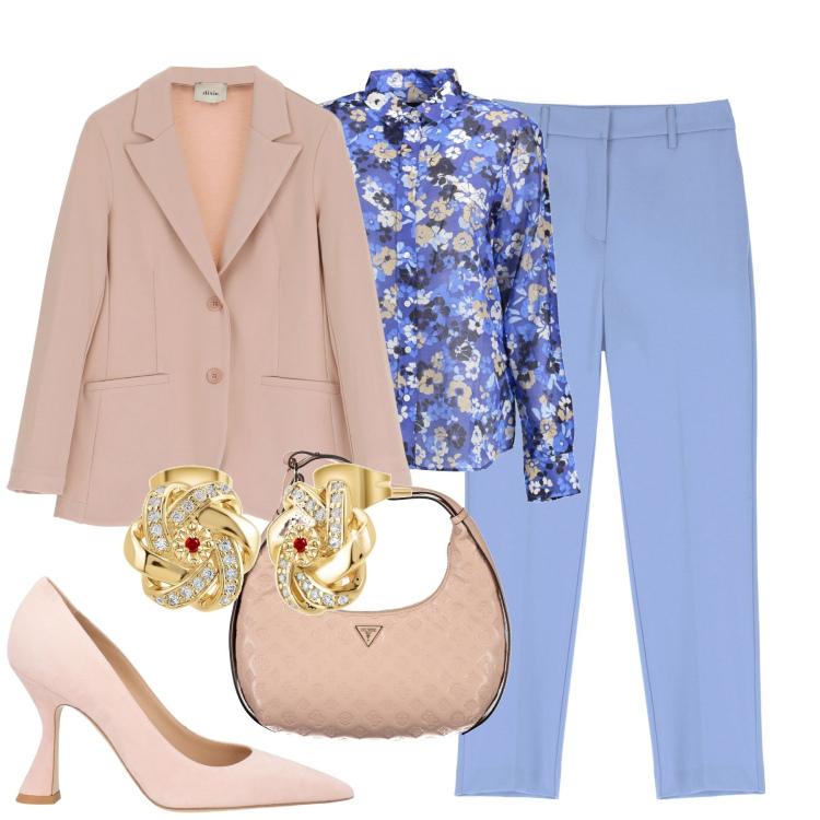 Outfit donna - City. Stile Bon Ton per Tutti i giorni. Abbinamento con décolleté, orecchini, blazer, pantaloni, camicie, borse a spalla.