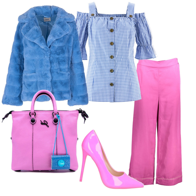Outfit donna - Coloratissima. Stile Casual chic per Ufficio. Abbinamento con camicie a manica corta, décolleté, blazer, pantaloni, shopping bag.
