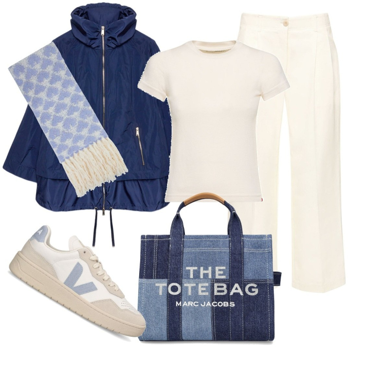 Outfit donna - Blu e bianco forever. Stile Sporty chic per Tutti i giorni. Abbinamento con sciarpe, borse tote, sneakers, parka, t-shirt, pantaloni.