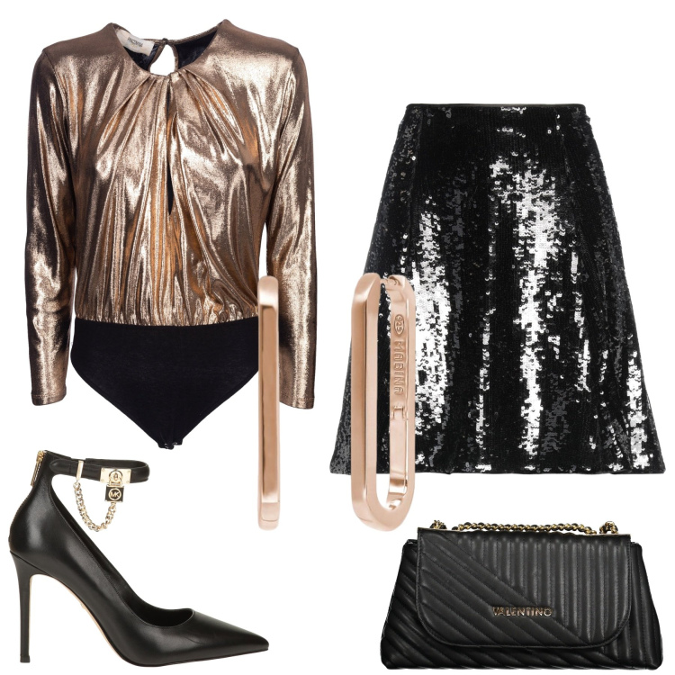 Outfit donna - Serata da sballo. Stile Glamour per Serata fuori. Abbinamento con minigonne, décolleté, orecchini, body, borse a tracolla.