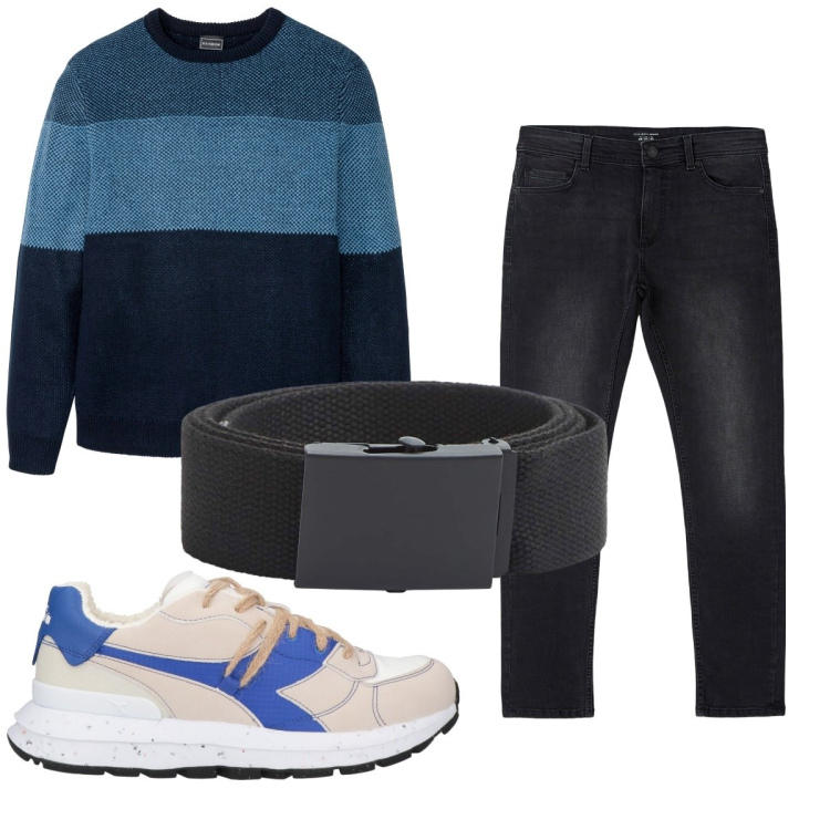 Outfit uomo - Total look #1842000. Stile Casual per Tutti i giorni. Abbinamento con maglieria, sneakers, jeans skinny, cinture.