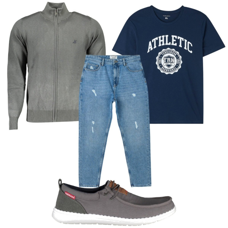 Outfit uomo - Total look #1842003. Stile Casual per Tutti i giorni. Abbinamento con jeans strappati, t-shirt, cardigans, scarpe stringate.