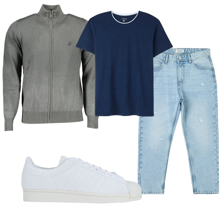 Outfit uomo - Total look #1842013. Stile Casual per Tutti i giorni. Abbinamento con sneakers, jeans strappati, t-shirt, cardigans.