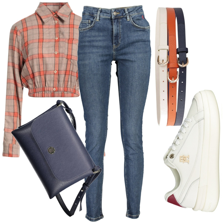 Outfit donna - Top e jeans blue arancione. Stile Casual per Tutti i giorni. Abbinamento con cinture, camicie, scarpe sportive, jeans slim fit, borse a spalla.