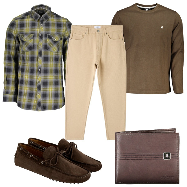Outfit uomo - Total look #1842022. Stile Casual per Tutti i giorni. Abbinamento con pantaloni, t-shirt, scarpe stringate, portafogli, camicie.
