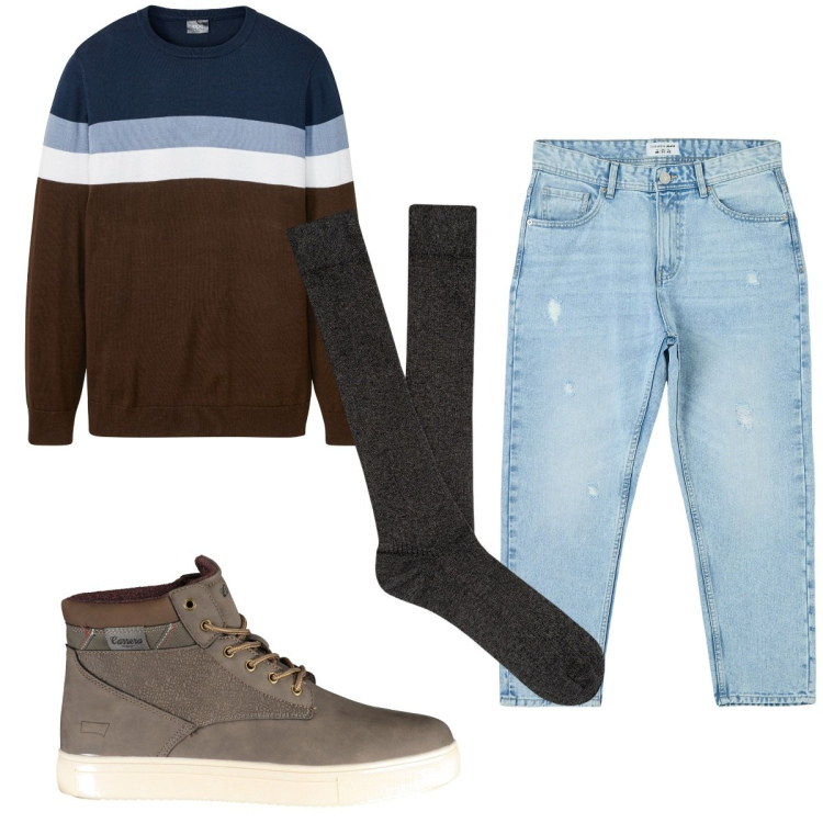 Outfit uomo - Total look #1842042. Stile Casual per Tutti i giorni. Abbinamento con maglieria, jeans strappati, calzini, stivali.