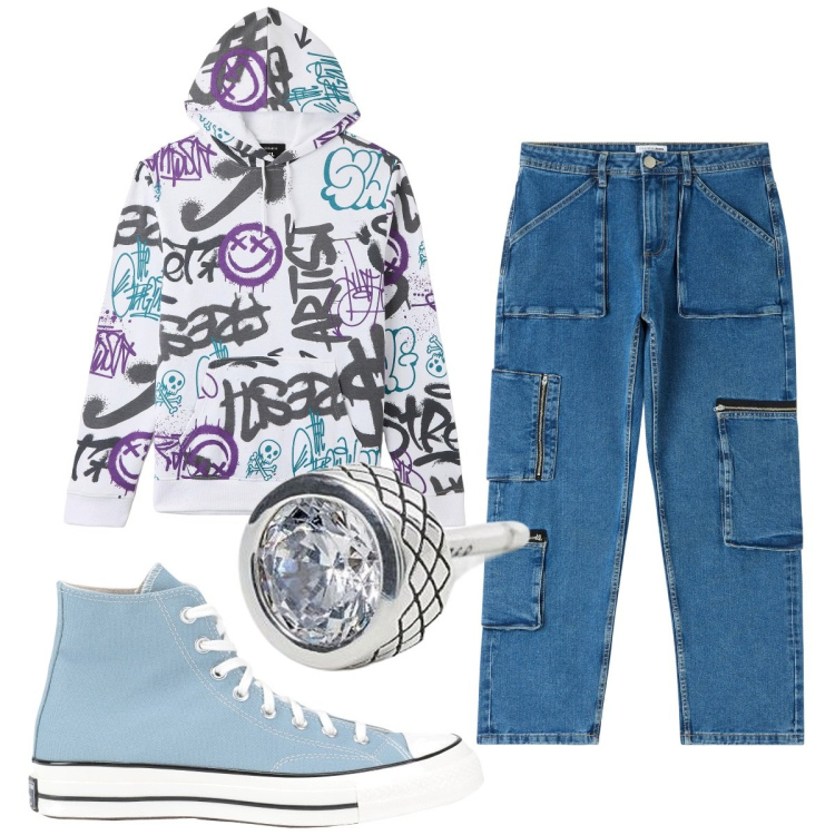 Outfit uomo - Total look #1842059. Stile Urban per Tutti i giorni. Abbinamento con sneakers alte, jeans, felpe con cappuccio, orecchini.