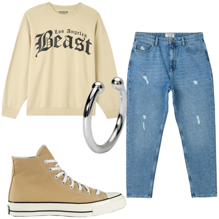 Outfit uomo - Total look #1842060. Stile Urban per Tutti i giorni. Abbinamento con sneakers alte, jeans strappati, felpe, orecchini.
