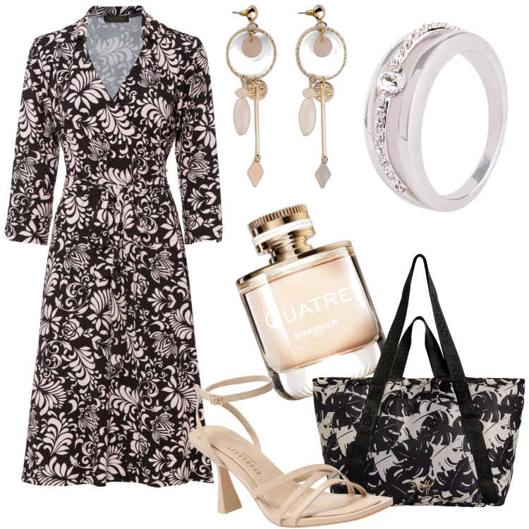Outfit donna - Boucheron Quatre. Stile Casual per Tutti i giorni. Abbinamento con anelli, orecchini, vestiti, profumi, sandali col tacco, shopping bag.