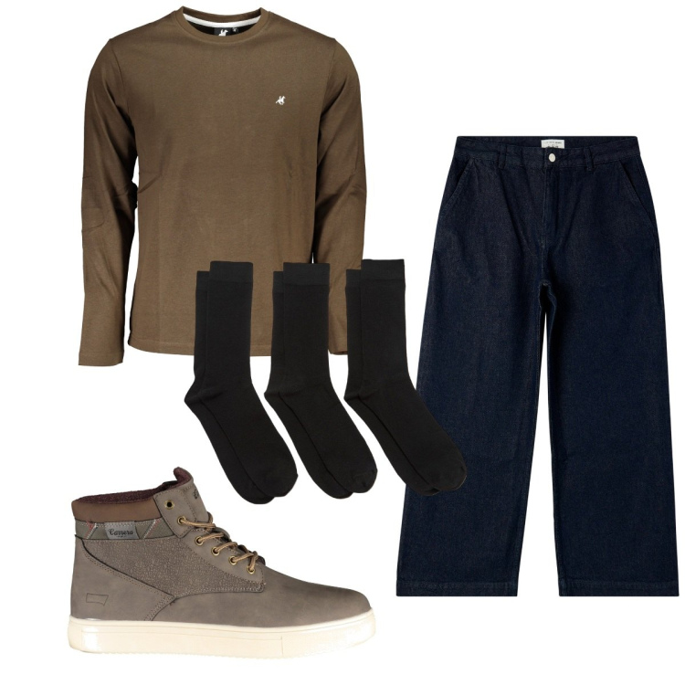 Outfit uomo - Total look #1842064. Stile Trendy per Tutti i giorni. Abbinamento con jeans, calzini, t-shirt, stivali.