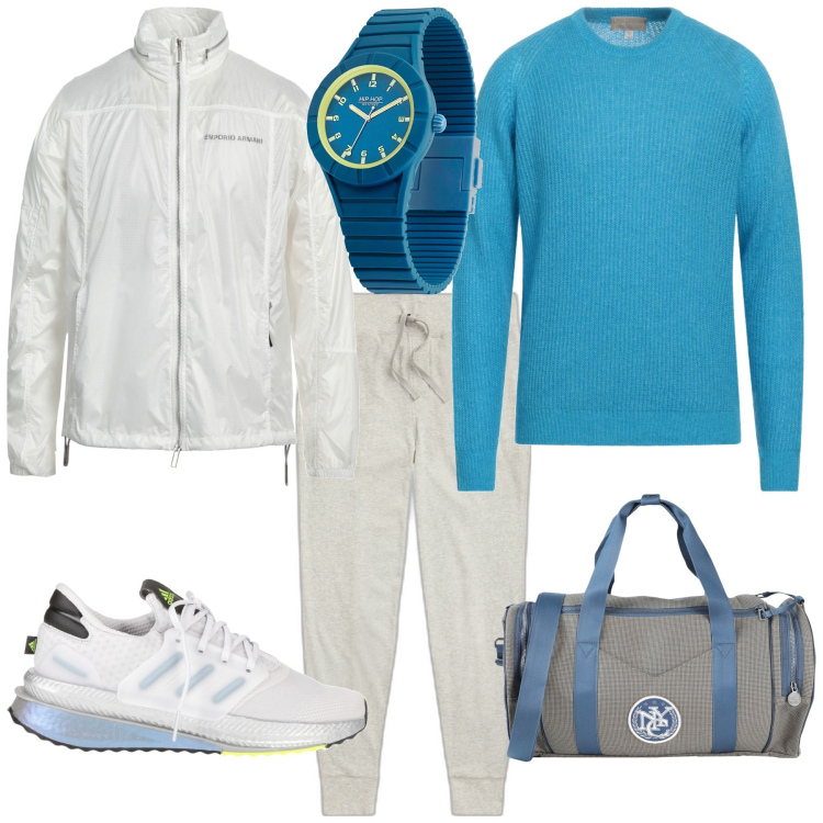 Outfit uomo - Tempo libero sport. Stile Casual per Sport. Abbinamento con orologi, borse sportive, pullovers, sneakers, giacche, pantaloni.