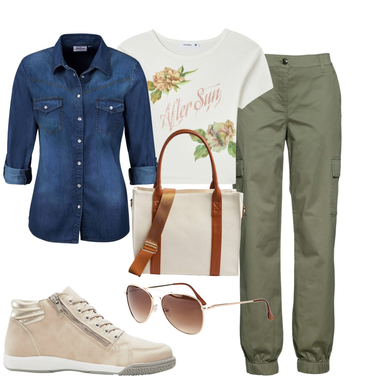 Outfit donna - City. Stile Casual chic per Tutti i giorni. Abbinamento con pantaloni cargo, camicie, occhiali da sole, sneakers alte, t-shirt, shopping bag.
