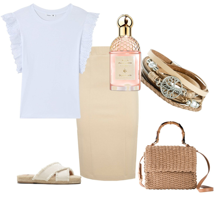 Outfit donna - Bello ma comodo. Stile Chic per Tutti i giorni. Abbinamento con braccialetti, ciabatte, borse a mano, profumi, t-shirt, gonne.