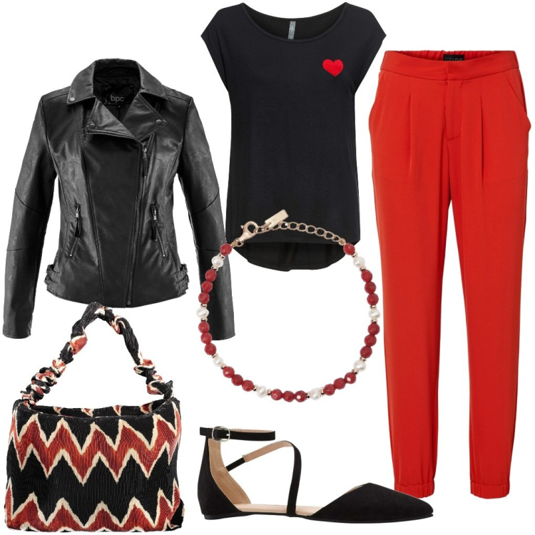 Outfit donna - Stefania: cuore rosso-nero. Stile Casual per Tutti i giorni. Abbinamento con maglieria, blazer, pantaloni, ballerine, braccialetti, borse a spalla.