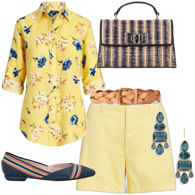 Outfit donna - Primavera. Stile Casual per Tutti i giorni. Abbinamento con ballerine, cinture, camicie, orecchini, minigonne, borse a spalla.