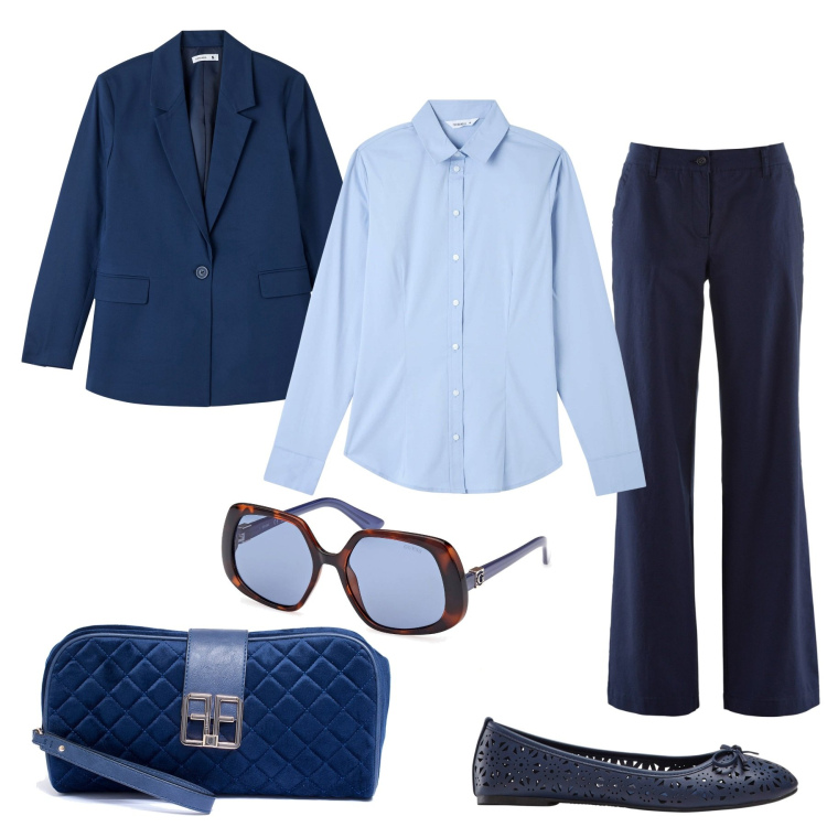 Outfit donna - Classico. Stile Bon Ton per Ufficio. Abbinamento con pantaloni, ballerine, camicie, blazer, pochette, occhiali da sole.