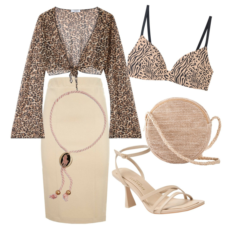 Outfit donna - Beata ..... primavera. Stile Casual chic per Tutti i giorni. Abbinamento con borse a tracolla, reggiseni, sandali col tacco, bolero, braccialetti, gonne.