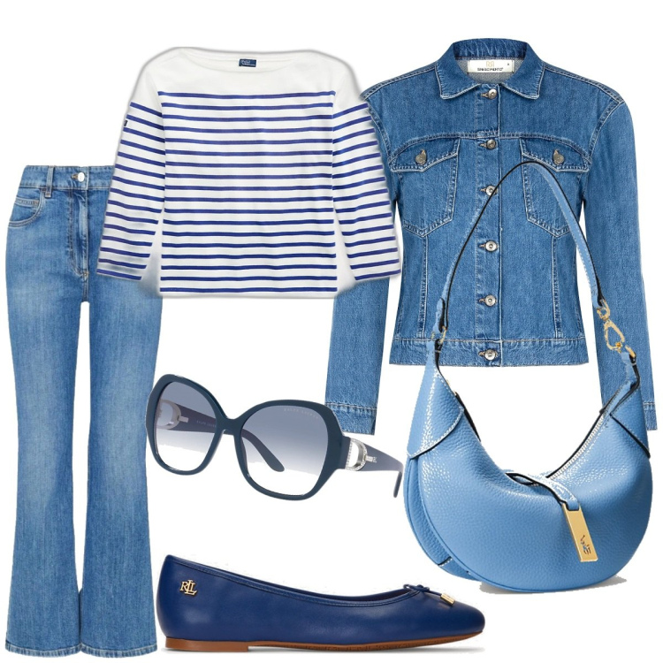 Outfit donna - Le ballerine per la primavera. Stile Casual per Tutti i giorni. Abbinamento con blazer, ballerine, t-shirt, borse a spalla, occhiali da sole, jeans.