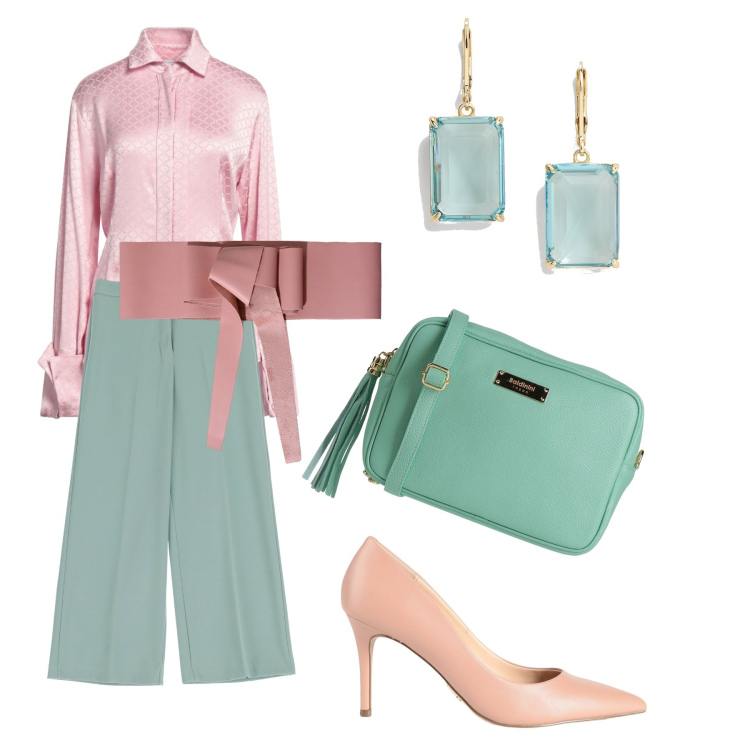 Outfit donna - La camicia in raso. Stile Casual chic per Ufficio. Abbinamento con camicie, décolleté, borse a tracolla, cinture, orecchini, pantaloni.