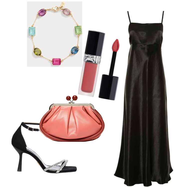 Outfit donna - Nero a colori. Stile Glamour per Serata fuori. Abbinamento con rossetti, sandali gioiello, braccialetti, vestiti lunghi, clutch.